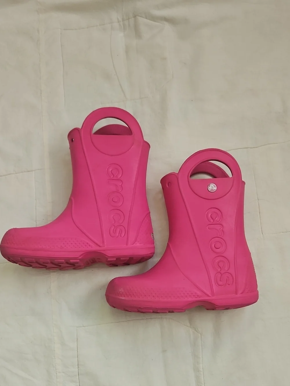 CROCS Girls Size J1 Mid Calf Waterproof Hot Pink Handle Rain Boots